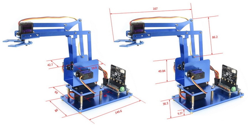  4-DOF kovová robotická ruka pro micro:bit rozměry